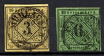 1851 Wurttemberg, German States, Germany (Mi. 2 - 3, Canceled, CV $70)