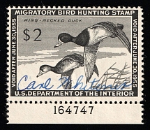 1954 $2 Duck Hunt Permit Stamp, United States (Sc. RW-21, Plate Number, Canceled)