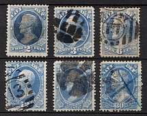 1873 Official Mail Stamps 'Navy', United States, USA (Scott O36 - O38, O41, O43, O44, Ultramarine, Canceled, CV $250)