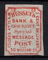 1863 1c Hussey's Bank & Insurance Special Message Post, New York, United States, Locals (Sc. 87L32, CV $30)