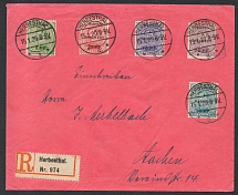 1920 (15 Jan) Malmedy, Belgium, German Occupation, Germany, Registered cover from Herbesthal to Aachen total frankerd with 70c (Mi. 3 - 7)