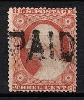 1857 3c Washington, United States, USA (Scott 26, Dull Red, Type III, 'Paid' Cancellation)