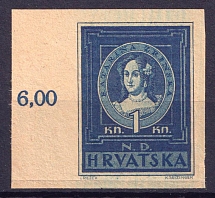 1943 1k Croatia, NDH (Mi. 103 U, Imperforated, Plate Numbers, CV $80)