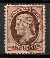 1879 10c Jefferson, United States, USA (Scott 187, Brown, Canceled, CV $40)