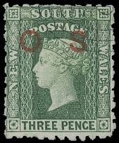 British Commonwealth - Australian State - New South Wales - Official stamps - 1895, Special Printing of red ''O S'' overprint (type II, space 5.5mm) on 3c green, perforation 10, inverted watermark Large Crown and NSW, neat …