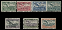 Worldwide Air Post Stamps and Postal History - Albania - 1928, First Flight Across the Adriatic, violet black 4-line overprint on 5q-3fr, complete set of seven, full OG, NH, VF, each one with Elliott guarantee hs, Mi #162-68, …