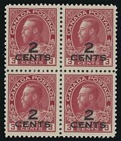 Canada - King George V ''Admiral'' Provisionals - 1926, black two- line surcharge 2c on 3c carmine, block of four, perfectly centered, full OG, NH, VF, C.v. $250++, Unitrade C.v. CAD$400 as singles, Scott #140…