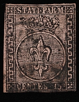 1852 15c Parma, Italy (Mi 3, Canceled, CV $50)