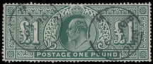Great Britain - 1902, King Edward VII, £1 dull blue green, watermark Three Crowns, two Kerwick ''DC 29 11'' date stamps, small wrinkle at left, nice centering, F/VF, SG #266, £825, Scott #142…