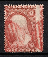 1857 3c Washington, United States, USA (Scott 26, Dull Red, Type III, SHIFTED Perforation, Red Cancellation)