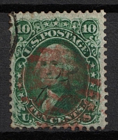 1861 10c Washington, United States, USA (Scott 68a, Dark Green, Red Cancellation, CV $100)