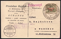 1934 (24 Sept) Gordon Bennett Cup, Second Polish Republic, Postcard from Szczecin to Torun with Commemorative Cancellation, Balloon Post