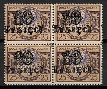 1923 10000m on 25m Second Polish Republic, Block of Four (Fi. 167, Mi. 185, SHIFTED Overprints, MNH)