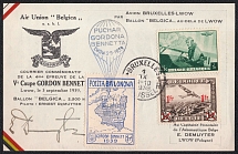 1938 (1 Sept) Gordon Bennett Cup, Second Polish Republic, Non-Postal, Cinderella, Balloon Commemorative Postcard Brussels - Lwow (Lwiw)