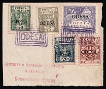 1919 Odessa, Polish Post Offices Abroad, on piece (Fi. 1ax - 5ax, Cancellation of the validator of the Odessa agency, Dubious item)