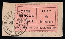 1945 (28 Feb) 4.50fr on piece, France, Tax, German Occupations of the WWII (Black on Rose Paper, Lorient Cancellation)