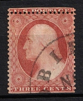 1857 3c Washington, United States, USA (Scott 25, Rose, Type I, SHIFTED Perforation, Canceled, CV $180+)