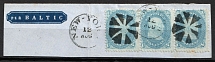 1861 1c Franklin, United States, USA, Strip on piece of envelope (Scott 63, Pale Blue, Cancellations, CV $150)