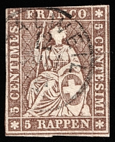 1854-59 5r Switzerland (Mi 13I, Canceled, CV $140)