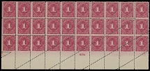 United States - Postage Due stamps - 1917, Numerals, 1c carmine rose, bottom sheet margin plate No.8214 block of 30 (10x3), imperforate at bottom and six pairs at right imperforate between stamps due to foldover, full OG, NH or …
