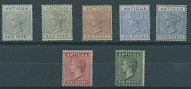 British Commonwealth - Antigua - CLASSIC SELECTION: 1882-87, Queen Victoria, two ½p, two of 2½p red brown and ultra, 4p blue plus engraved 1p carmine and 6p green, all with watermark Crown CA, full/part of OG, VLH or hinged, …