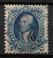 1861 90c Washington, United States, USA on piece (Scott 72b, Dark Blue, Blue Cancellation, CV $1,000)