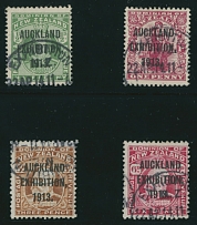 British Commonwealth - New Zealand - 1913, black three-line overprint ''Auckland Exhibition 1913.'' on ½p-6p, complete set of four, each one bearing Exhibition ''22.AP.1914'' cancellation, F/VF, C.v. $985, Scott #130E- 137E…