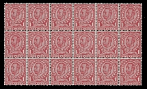 Great Britain - 1911, King George V, 1p carmine red, Die A, watermark Imperial Crown, block of 18 (6x3), full OG, NH (14) or LH/hinged (4 corner stamps) mostly VF, C.v. $182++, SG #327, £158 as singles, Scott #152…