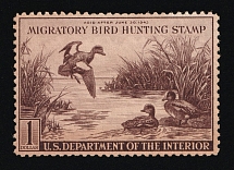 1942 $1 Duck Hunt Permit Stamp, United States (Sc. RW-9, CV $100)