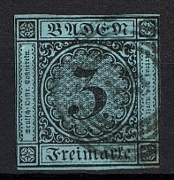 1858 3kr Baden, German States, Germany (Mi. 8, Canceled, CV $50)