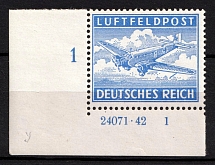 1944 Reich Military Mail, Field Post, Feldpost INSELPOST, Germany (Mi. 1 A HAN, Corner Margin, Plate Numbers, CV $30, MNH)