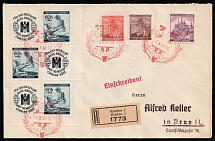 1941 (7 Oct) Bohemia and Moravia, Germany, Registered Cover from Kladno to Prague franked with coupons 60h, 60h, 80h, 1k (Mi. 27, 66 - 67, S Zd 10, S Zd 11, CV $110)