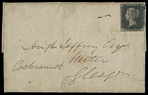 Great Britain - 1841 (May 21), Penny Black (plate 4), letters ''D H'', four-margin example used on entire letter from Irvine to Glasgow (letter transcription is enclosed), black Maltese Cross cancel, boxed Glasgow ''22.MY.1841.7 …