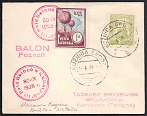 1928 (30 Sept) Second Polish Republic, Non-Postal, Cinderella, Balloon Poznan, Cover from Kuznica to Warsaw
