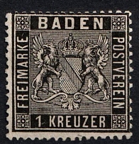 1860 1k Baden, German States, Germany (Mi. 9, Sc. 10, CV $390, MNH)