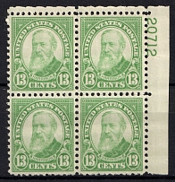 1926 13c B.Harrison, Regular Issue, United States, USA, Corner Block of Four (Scott 622, Plate Number '20712', CV $100, MNH/MH)