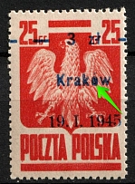 1945 3zl on 25gr Republic of Poland (Fi. 350, 'Krakow', Painted 'o', MNH)