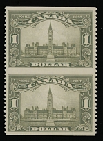 Canada - King George V ''Scroll'' issue - 1929, Parliament Building, $1 olive green, vertical pair imperforate horizontally, full OG, VLH, VF, C.v. $675, Unitrade C.v. CAD$900, Scott #159c…