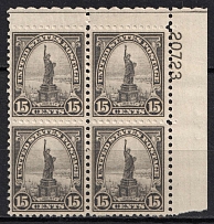 1922 15c Statue of Liberty, Regular Issue, United States, USA, Corner Block of Four (Scott 566, Plate Number '20723', CV $70, MNH)