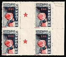 1945 200f Carpatho-Ukraine, Gutter Block (Steiden 80A, Kr. 108 K II, 108 Тд, SHIFTED Red, Coupon, Margin, CV $490+, MNH)