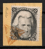 1863 2c Jackson, United States, USA on piece (Scott 73, Black, Signed, Orange Cancellation, CV $260)