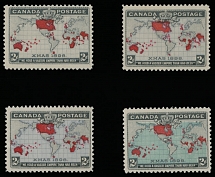Canada - Imperial Penny Postage - 1898, Map of the British Empire, four stamps of 2c in black and carmine with various shades of lavender, gray, blue and dark blue, full OG, NH, mostly VF, C.v. $425, Unitrade #85, i, 86, b, C.v. …