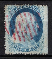 1857 1c Franklin, United States, USA (Scott 24, Type V, Red Cancellation, CV $50)