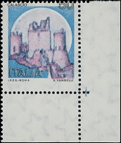 Italy - 1980-92, Rocca di Calascio, ''rose castle'' variety, 50L in blue, rose and black instead of multicolored, bottom right corner sheet margin single, typical centering for this error, full OG, NH, VF, H. Avi certificate, …