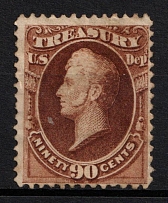 1873 90c Perry, Official Mail Stamp 'Treasury', United States, USA (Scott O82, Brown, CV $230)
