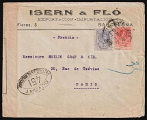 World War I Censored Military Cover from Barcelona to Paris franked with 10c and 15c