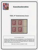 The One Man Collection of Czechoslovakia - Semi - Postal issues - 5th Anniversary of the Republic issue - EXHIBITION STYLE COLLECTION: 1923, 42 mint or used (11) stamps, 5 positional pieces with marginal control numbers, …