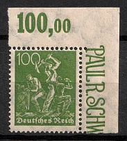 1921-22 100pf Weimar Republic, Germany (Mi. 187 b, Corner Margin, Plate Number, Signed, CV $40, MNH)