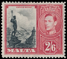 British Commonwealth - Malta - 1938-43, King George VI and Statue of Neptune, 2s6p red and black, damaged value tablet variety, translucent one tip of perforation at the top is mentioned for accuracy, full OG, NH, VF, SG #229a, …