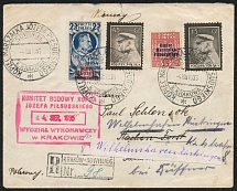 1935 (4 Aug) Jozef Pilsudski, Second Polish Republic, Registered cover from Krakow to Wilhelmshaven via Wroclaw and Achen (Commemorative Cancellation)